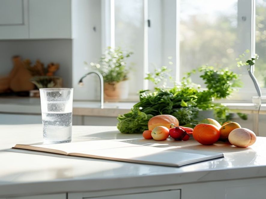 Bright kitchen workspace with fresh ingredients and natural lighting